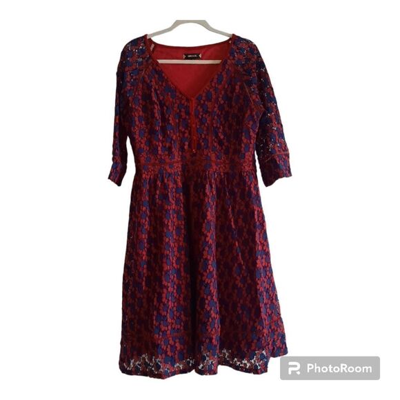 Miusol Floral Lace 3/4 Sleeve V Neck A Line Dress - Picture 1 of 4